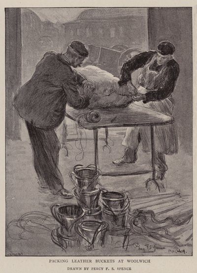 Verpackung von Lederkübeln in Woolwich von Percy F.S. Spence